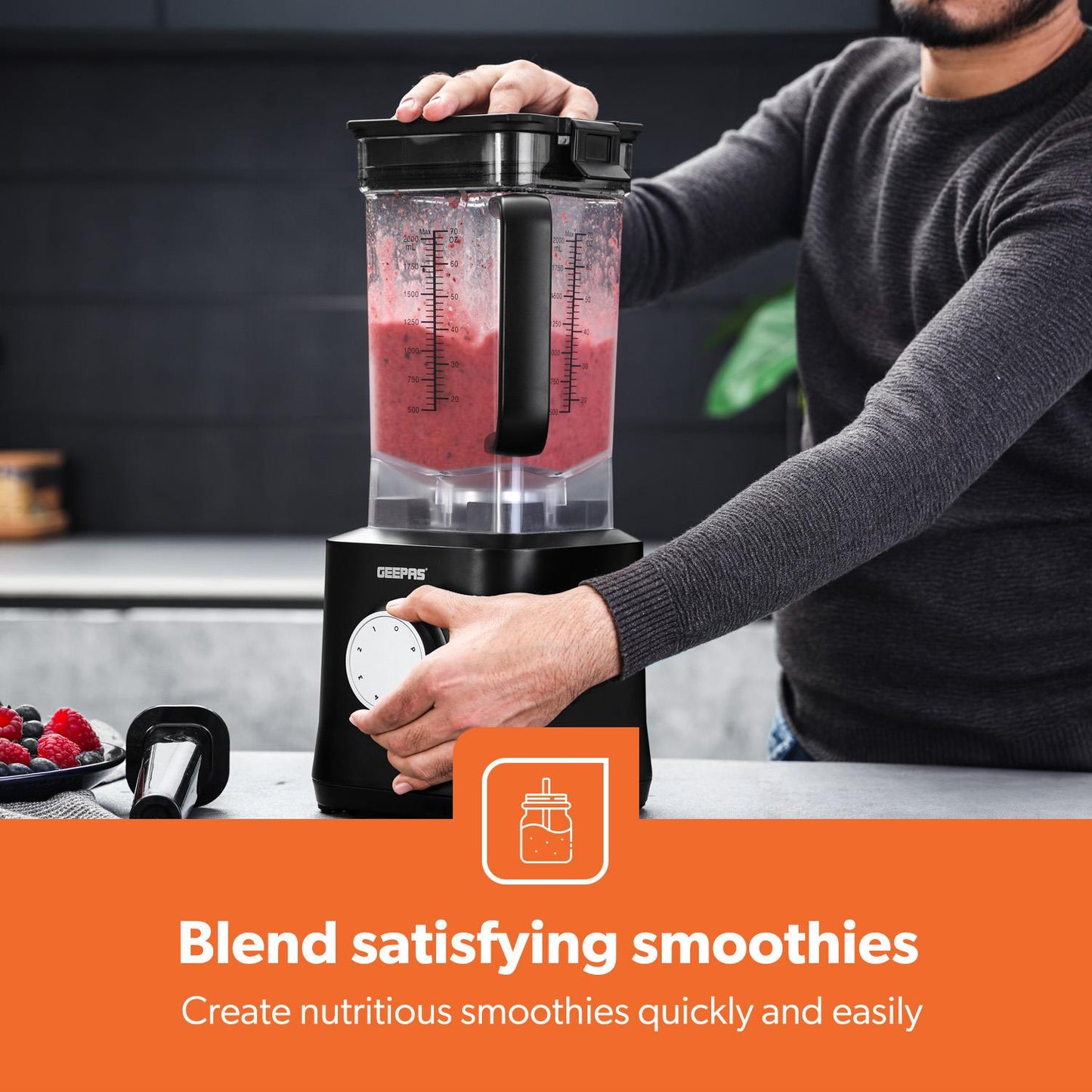 2000W Jug Blender - 2L Smoothie Maker With 5 Speeds, Black