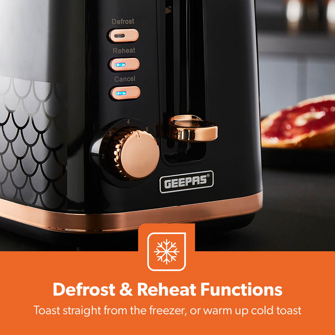 Aurora 2-Slice Black and Rose Gold Bread Toaster 7 Browning Levels