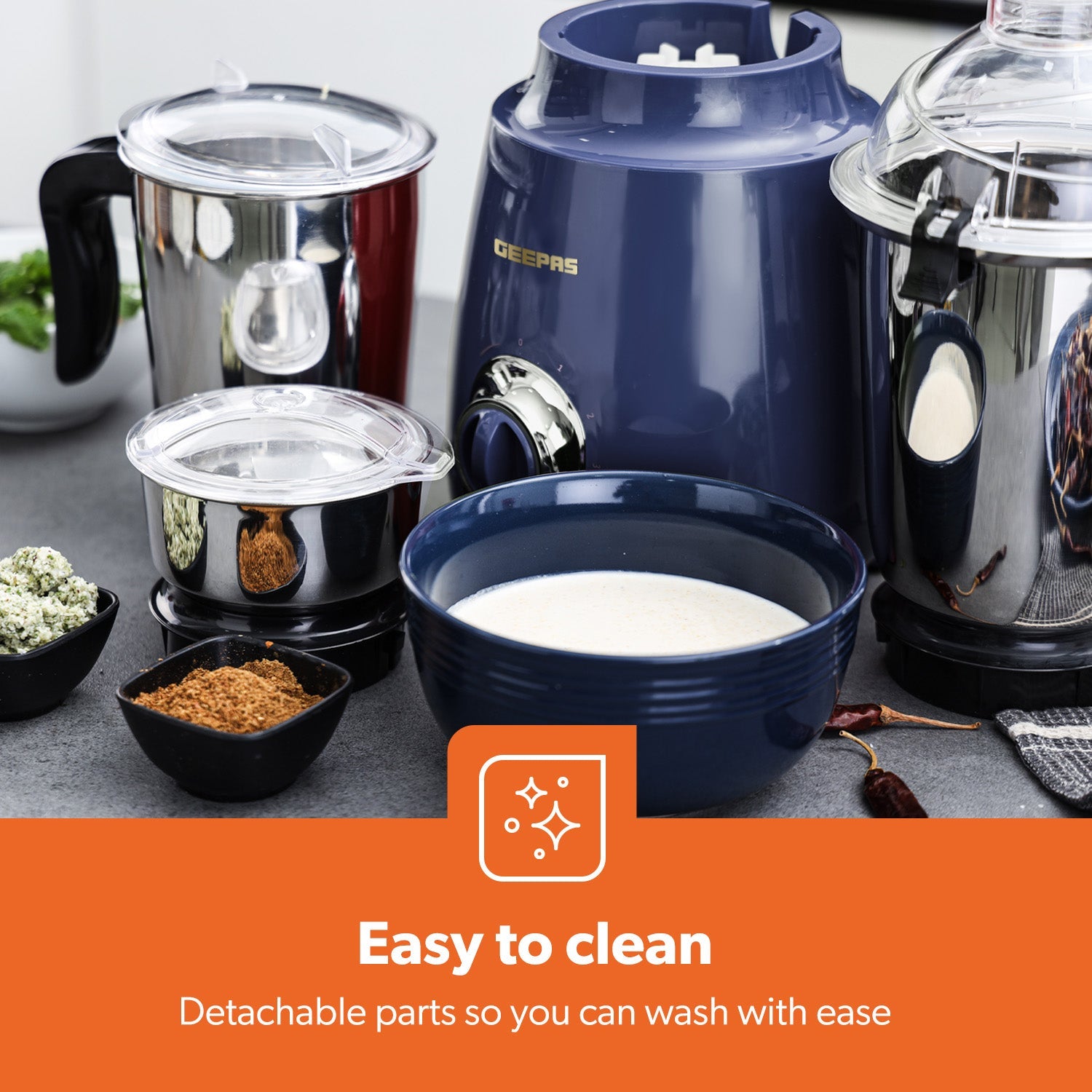 3-In-1 Navy Stainless Steel Wet and Dry Mixer Grinder 600W